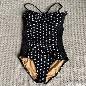 DownEast One Piece Swimsuit Black White Polka Dots Bandeau Women's Size M NWT